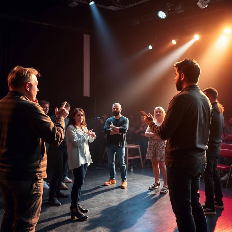 Eine Gruppe von Schauspielern, die auf einer Bühne proben, unter der Leitung eines Regisseurs. Die Szene ist dynamisch und voller Energie.